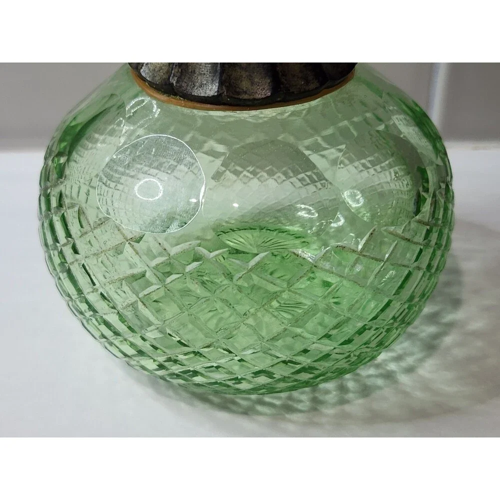 Vintage Small Green Decanter Cologne Bottle with Stopper Metal Collar Cut Glass